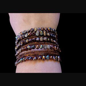 Boho Natural Pearl Seed Bead Brown OSFM Wrap Bracelet
